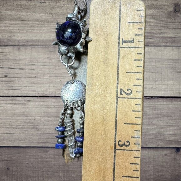 VNTG Marble Artisan Flail Pendant Sterling Silver Clear Quartz & Lapis Lazuli - Picture 5 of 12